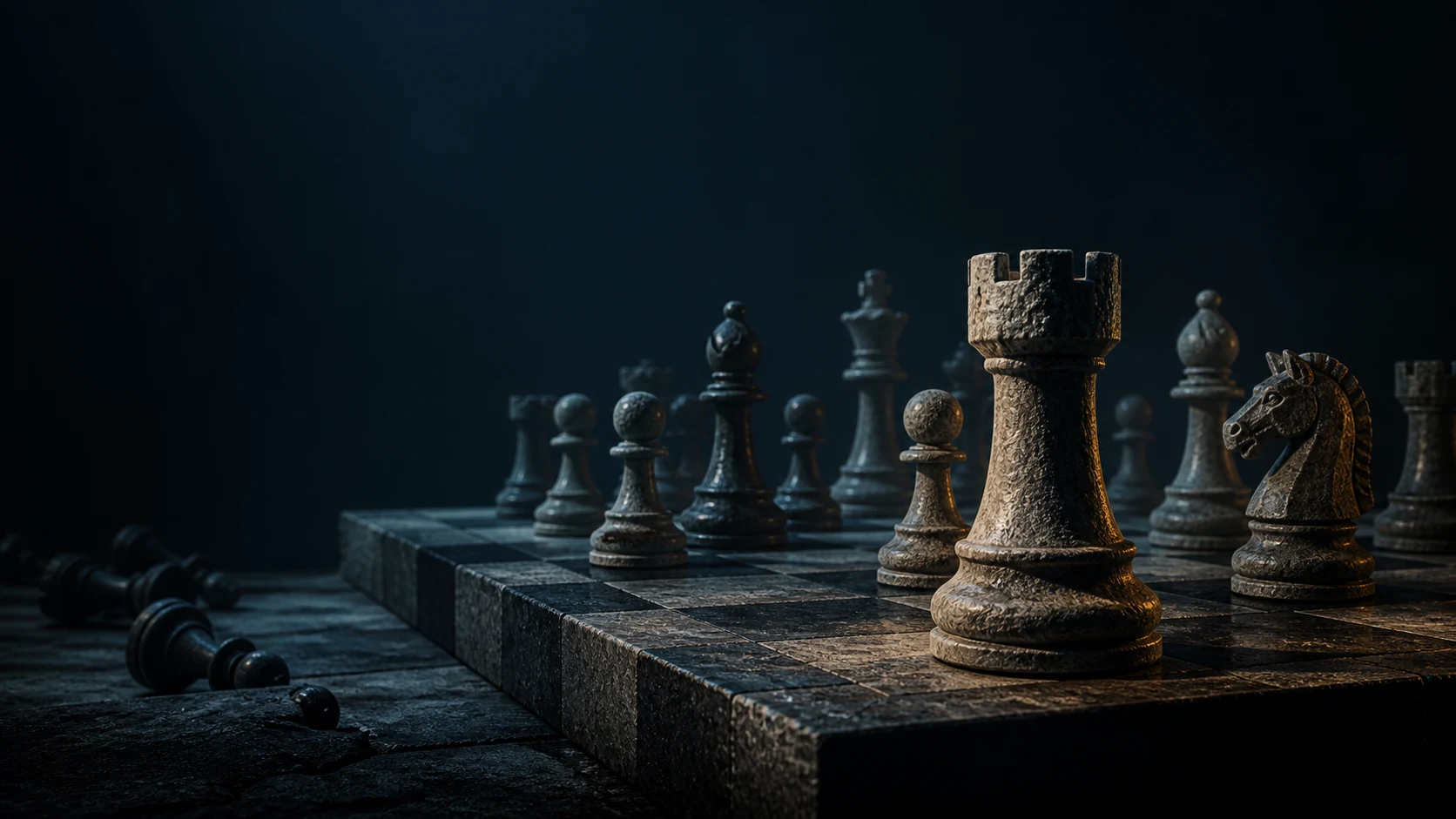 Rough stone chess pieces arranged in a strategic mid-game position