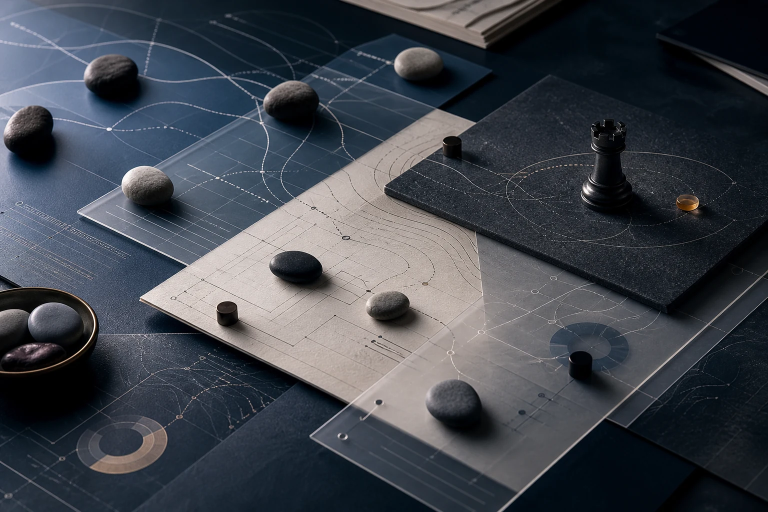 Conceptual contract architecture with layered maps, stone markers, and a rook